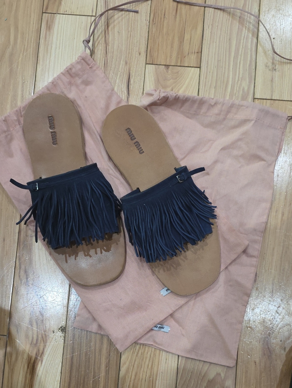 Miu Miu Navy Fringe Leather Slide Sandals